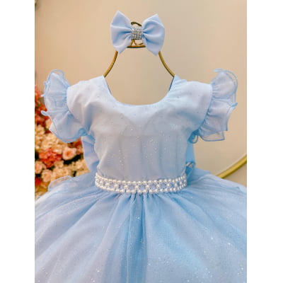 Vestido Infantil Azul Claro Saia C/ Tule e Glitter Daminha