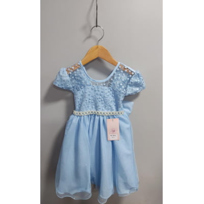 Vestido Infantil Azul Claro Tule Bordado com Glitter Daminhas