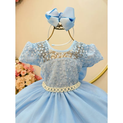 Vestido Infantil Azul Claro Tule Bordado com Glitter Daminhas