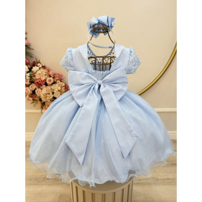 Vestido Infantil Azul Claro Tule Bordado com Glitter Daminhas