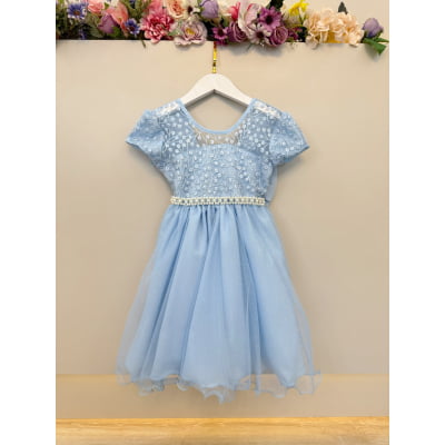 Vestido Infantil Azul Claro Tule Bordado com Glitter Daminhas