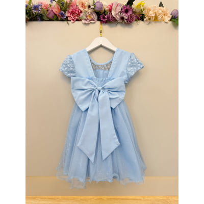 Vestido Infantil Azul Claro Tule Bordado com Glitter Daminhas
