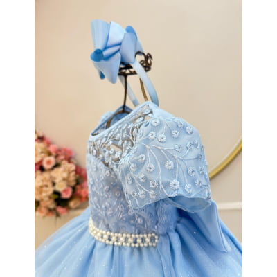 Vestido Infantil Azul Claro Tule Bordado com Glitter Daminhas