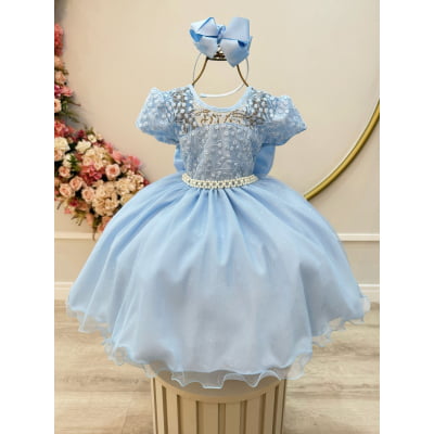 Vestido Infantil Azul Claro Tule Bordado com Glitter Daminhas