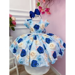 Vestido Infantil Azul Florido Rosas C/ Cinto de Pérolas