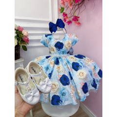 Vestido Infantil Azul Florido Rosas C/ Cinto de Pérolas