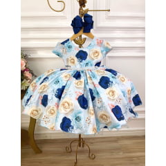 Vestido Infantil Azul Florido Rosas C/ Cinto de Pérolas