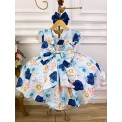 Vestido Infantil Azul Florido Rosas C/ Cinto de Pérolas