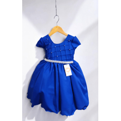 Vestido Infantil Azul Royal Com Busto Nervura Pérolas Daminha