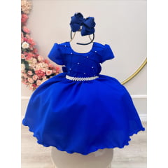 Vestido Infantil Azul Royal Com Busto Nervura Pérolas Daminha