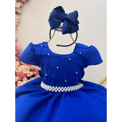 Vestido Infantil Azul Royal Com Busto Nervura Pérolas Daminha