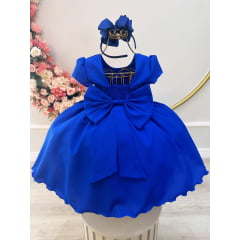 Vestido Infantil Azul Royal Com Busto Nervura Pérolas Daminha