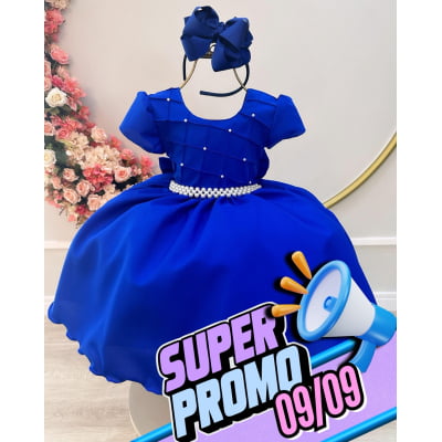 Vestido Infantil Azul Royal Com Busto Nervura Pérolas Daminha