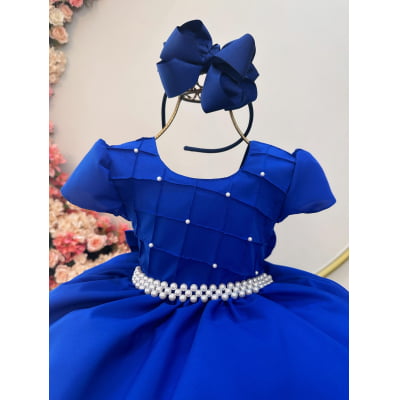 Vestido Infantil Azul Royal Com Busto Nervura, em Poliéster
