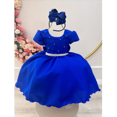 Vestido Infantil Azul Royal Com Busto Nervura, em Poliéster
