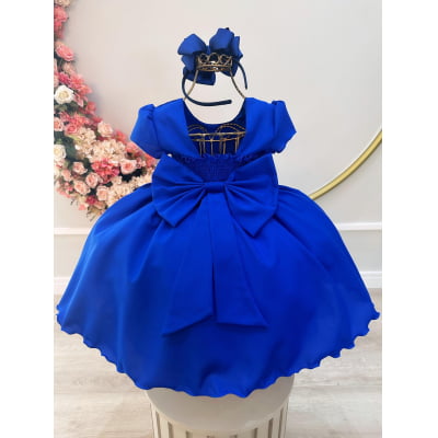 Vestido Infantil Azul Royal Com Busto Nervura, em Poliéster