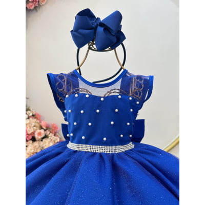 Vestido Infantil Azul Royal Pérolas Saia C/ Glitter Daminhas