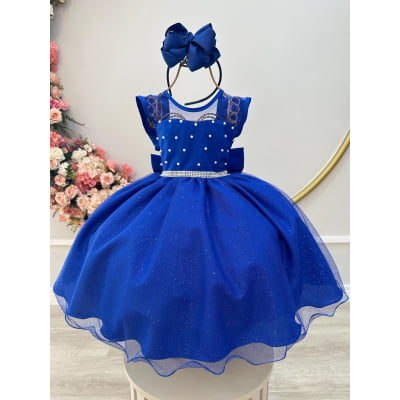 Vestido Infantil Azul Royal Pérolas Saia C/ Glitter Daminhas