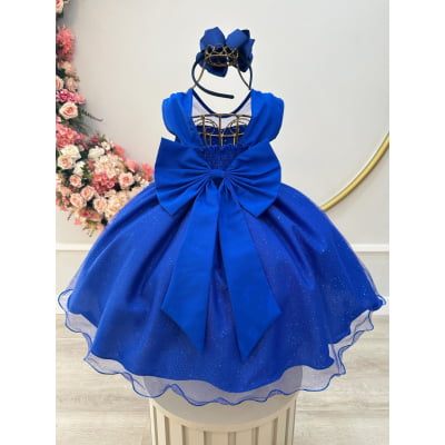 Vestido Infantil Azul Royal Pérolas Saia C/ Glitter Daminhas