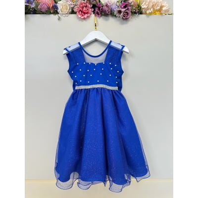 Vestido Infantil Azul Royal Pérolas Saia C/ Glitter Daminhas