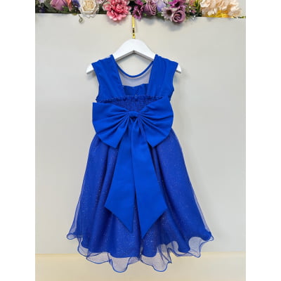 Vestido Infantil Azul Royal Pérolas Saia C/ Glitter Daminhas
