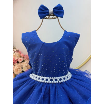 Vestido Infantil Azul Royal Saia C/ Babados e Glitter Daminha