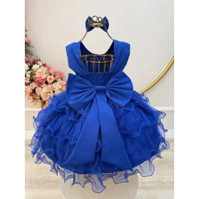 Vestido Infantil Azul Royal Saia C/ Babados e Glitter Daminha