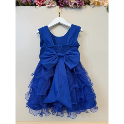 Vestido Infantil Azul Royal Saia C/ Babados e Glitter Daminha