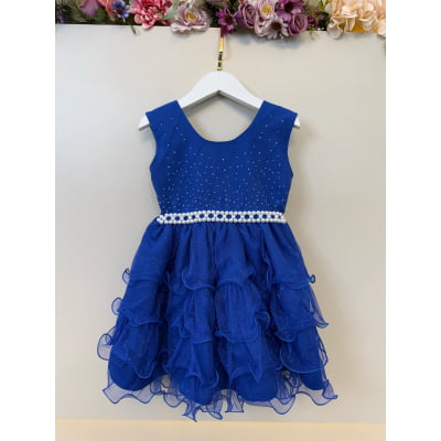 Vestido Infantil Azul Royal Saia C/ Babados e Glitter Daminha