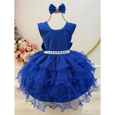Vestido Infantil Azul Royal Saia C/ Babados e Glitter Daminha