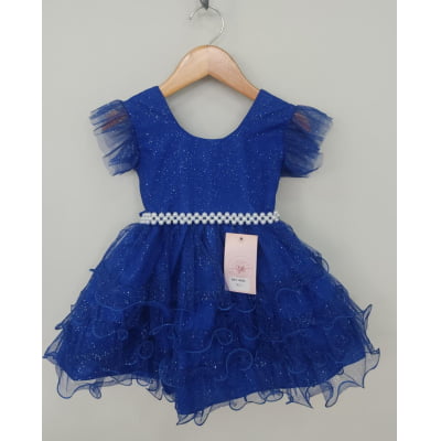 Vestido Infantil Azul Royal Saia C/ Babados e Glitter Festas