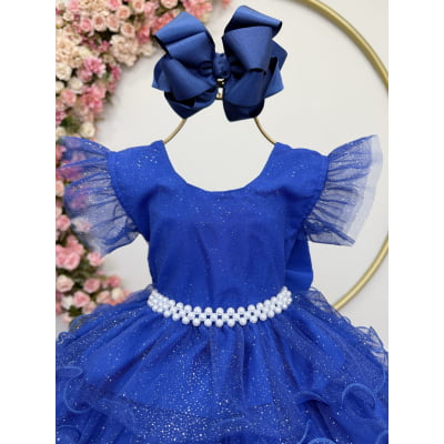 Vestido Infantil Azul Royal Saia C/ Babados e Glitter Festas
