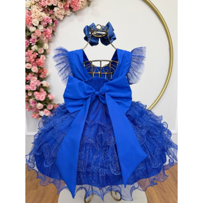 Vestido Infantil Azul Royal Saia C/ Babados e Glitter Festas