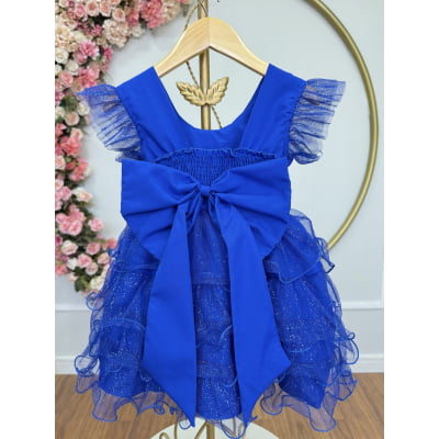 Vestido Infantil Azul Royal Saia C/ Babados e Glitter Festas