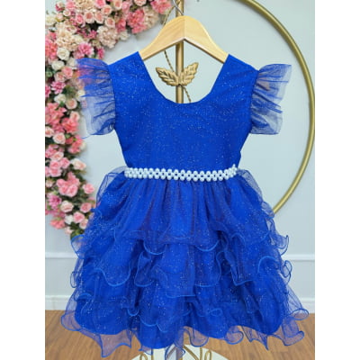 Vestido Infantil Azul Royal Saia C/ Babados e Glitter Festas