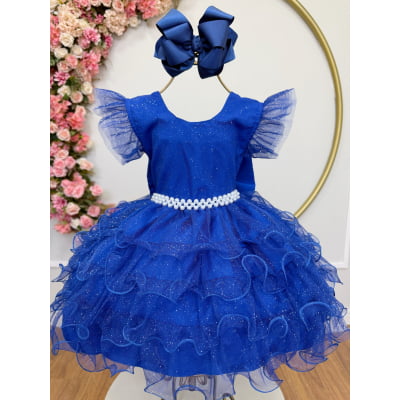 Vestido Infantil Azul Royal Saia C/ Babados e Glitter Festas