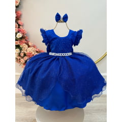 Vestido Infantil Azul Royal Saia C/ Tule e Glitter Daminhas