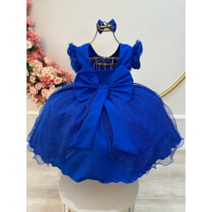 Vestido Infantil Azul Royal Saia C/ Tule e Glitter Daminhas