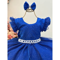 Vestido Infantil Azul Royal Saia C/ Tule e Glitter Daminhas