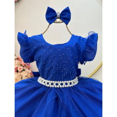 Vestido Infantil Azul Royal Saia C/ Tule e Glitter Daminhas