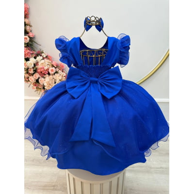 Vestido Infantil Azul Royal Saia C/ Tule e Glitter Daminhas