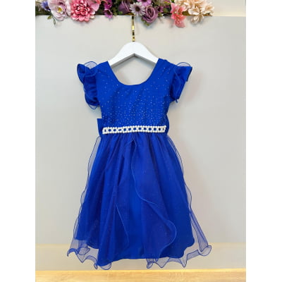 Vestido Infantil Azul Royal Saia C/ Tule e Glitter Daminhas