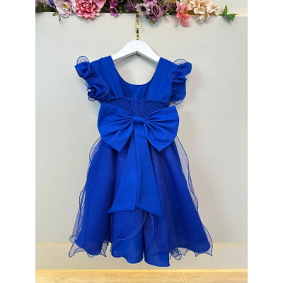 Vestido Infantil Azul Royal Saia C/ Tule e Glitter Daminhas