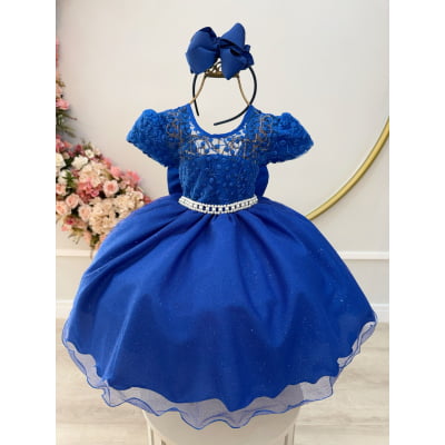 Vestido Infantil Azul Royal Tule Bordado com Glitter Daminhas
