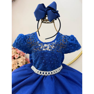 Vestido Infantil Azul Royal Tule Bordado com Glitter Daminhas