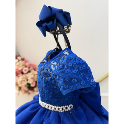 Vestido Infantil Azul Royal Tule Bordado com Glitter Daminhas