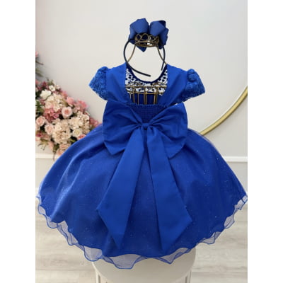 Vestido Infantil Azul Royal Tule Bordado com Glitter Daminhas