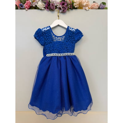 Vestido Infantil Azul Royal Tule Bordado com Glitter Daminhas