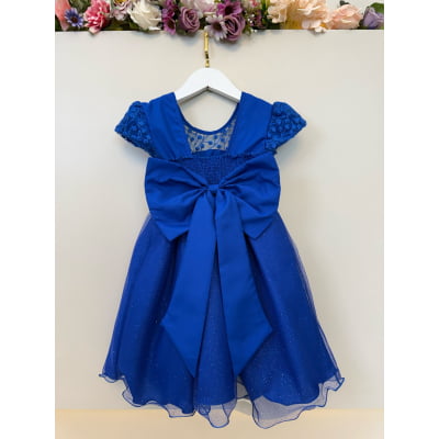 Vestido Infantil Azul Royal Tule Bordado com Glitter Daminhas