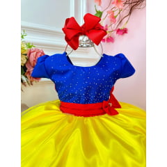 Vestido Infantil Branca de Neve Amarelo Azul C/ Broche